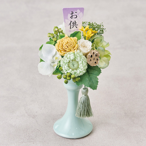 仏壇用 プリザーブドフラワー（花瓶シルバー色x2付き）黄色｜広島花屋