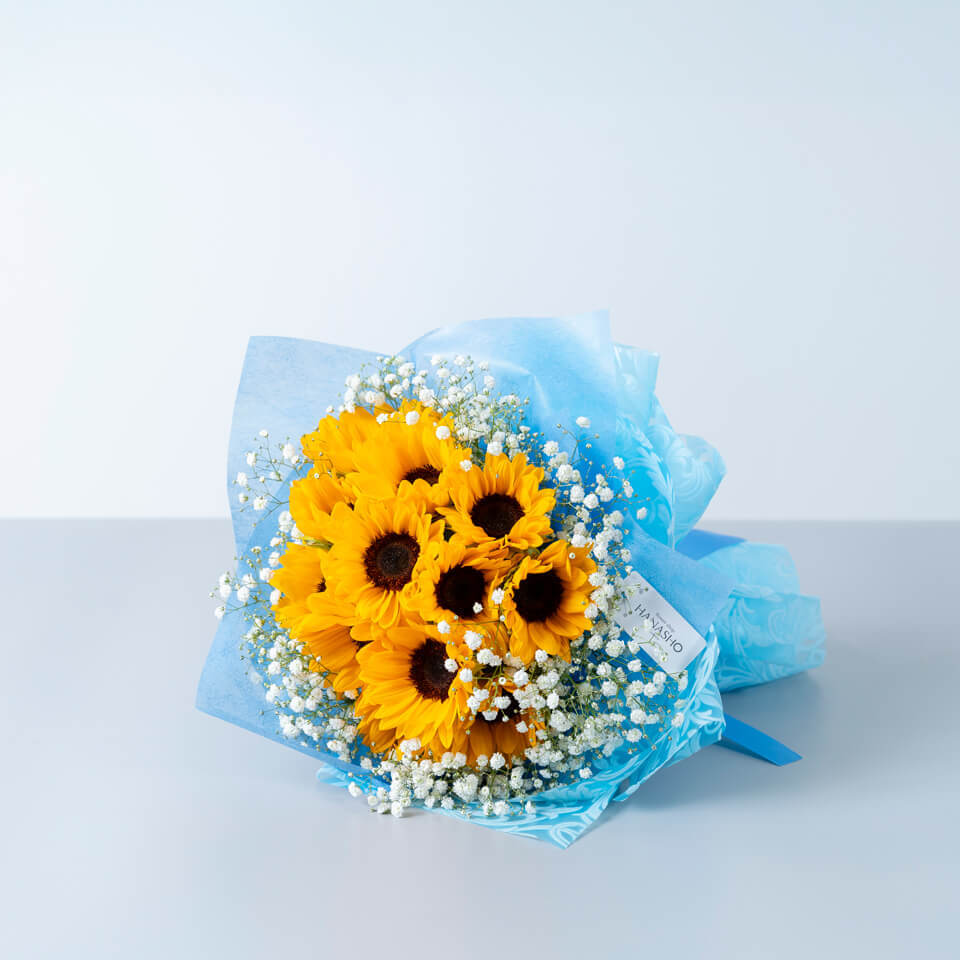 ひまわり12本とかすみ草の花束｜広島花屋オンラインショップ花将