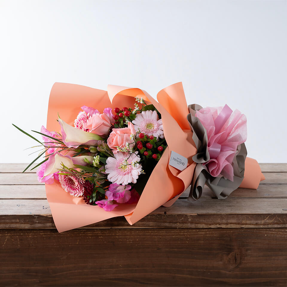 韓国風ラッピング】ピンク系ドレスブーケ｜広島花屋オンラインショップ花将